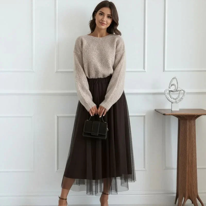 Noémie™ Set with Soft Knit Blouse and Animal Print Bow on the Back / Cozy Elegance with Surprising Charm!