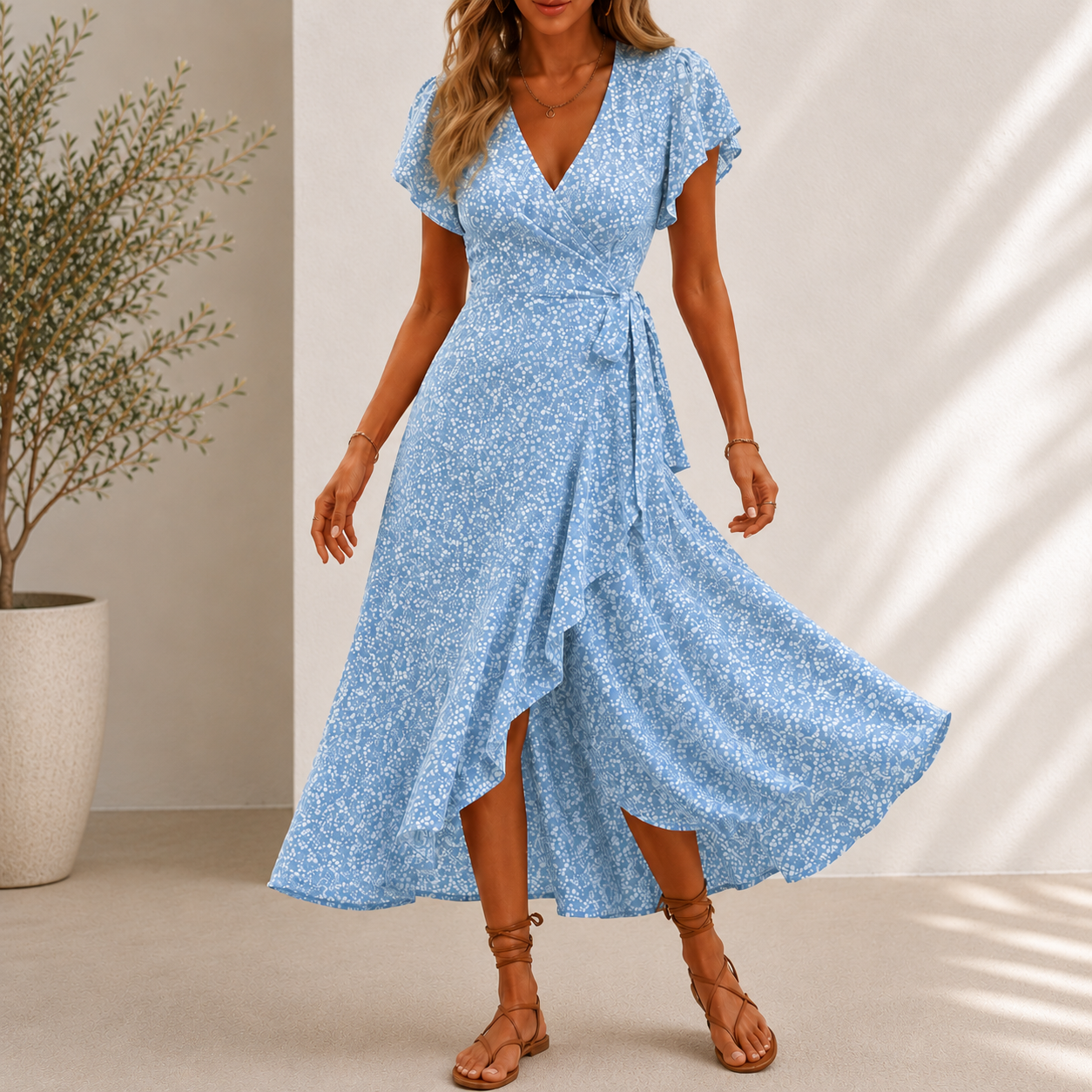 Midi Roselyn™ Dress with Floral Print, Wrap A-Line Skirt and V-Neck