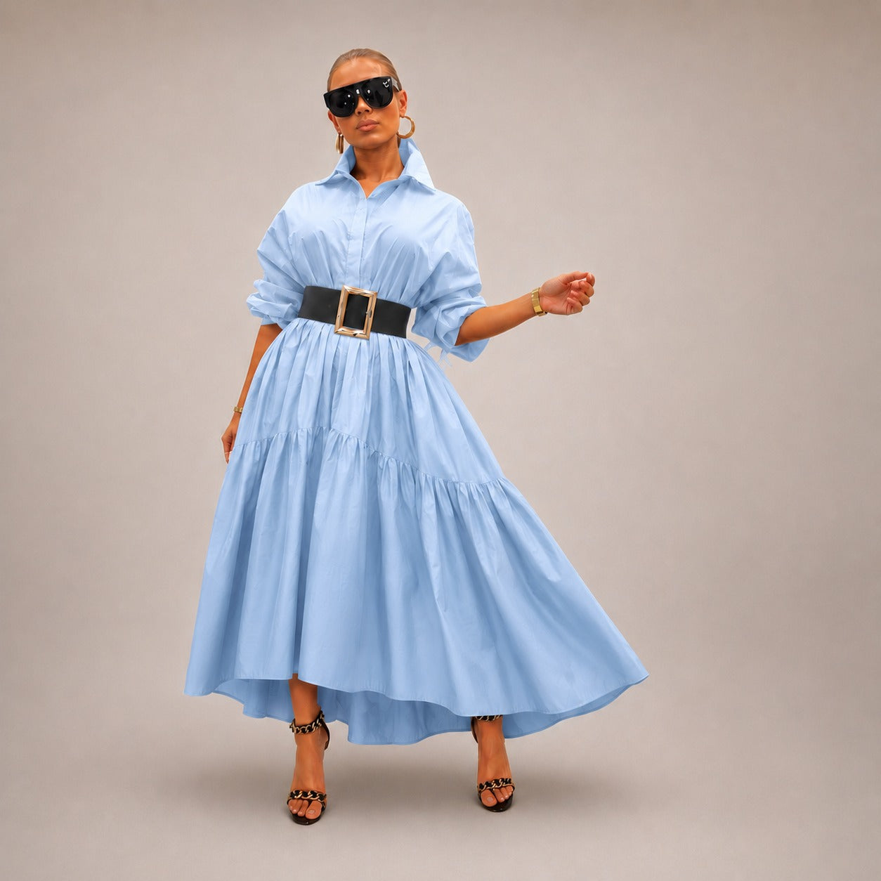 Elowen™ Dress with Collared Neckline, Wide Sleeves and Flowy Silhouette