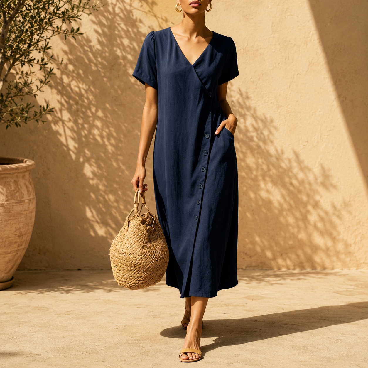 Clarisa™ V-Neck Midi Dress With Elegant Buttons