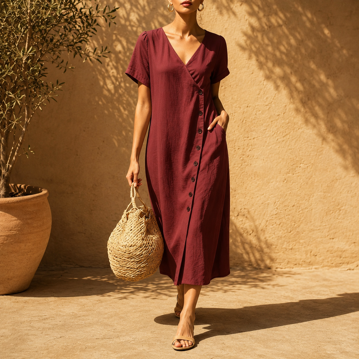 Clarisa™ V-Neck Midi Dress With Elegant Buttons