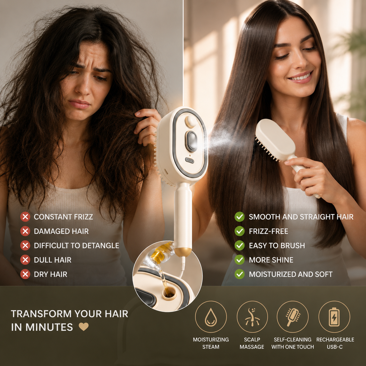 3-in-1 Electric Hair Brush – Reduces Frizz, Smooths and Massages Without Damaging Hair