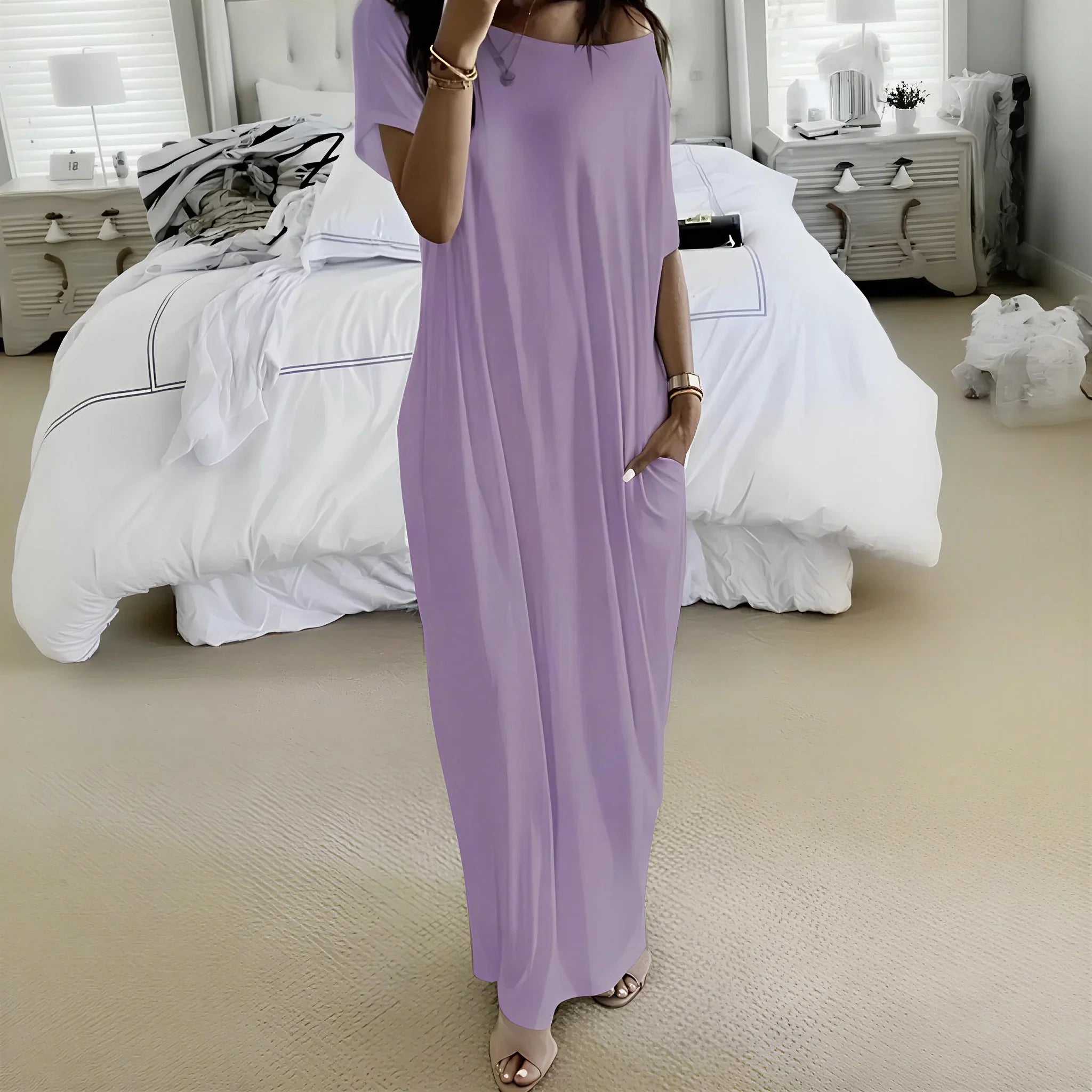 Daphne™ Maxi Dress with Wide Neckline and Side Pockets