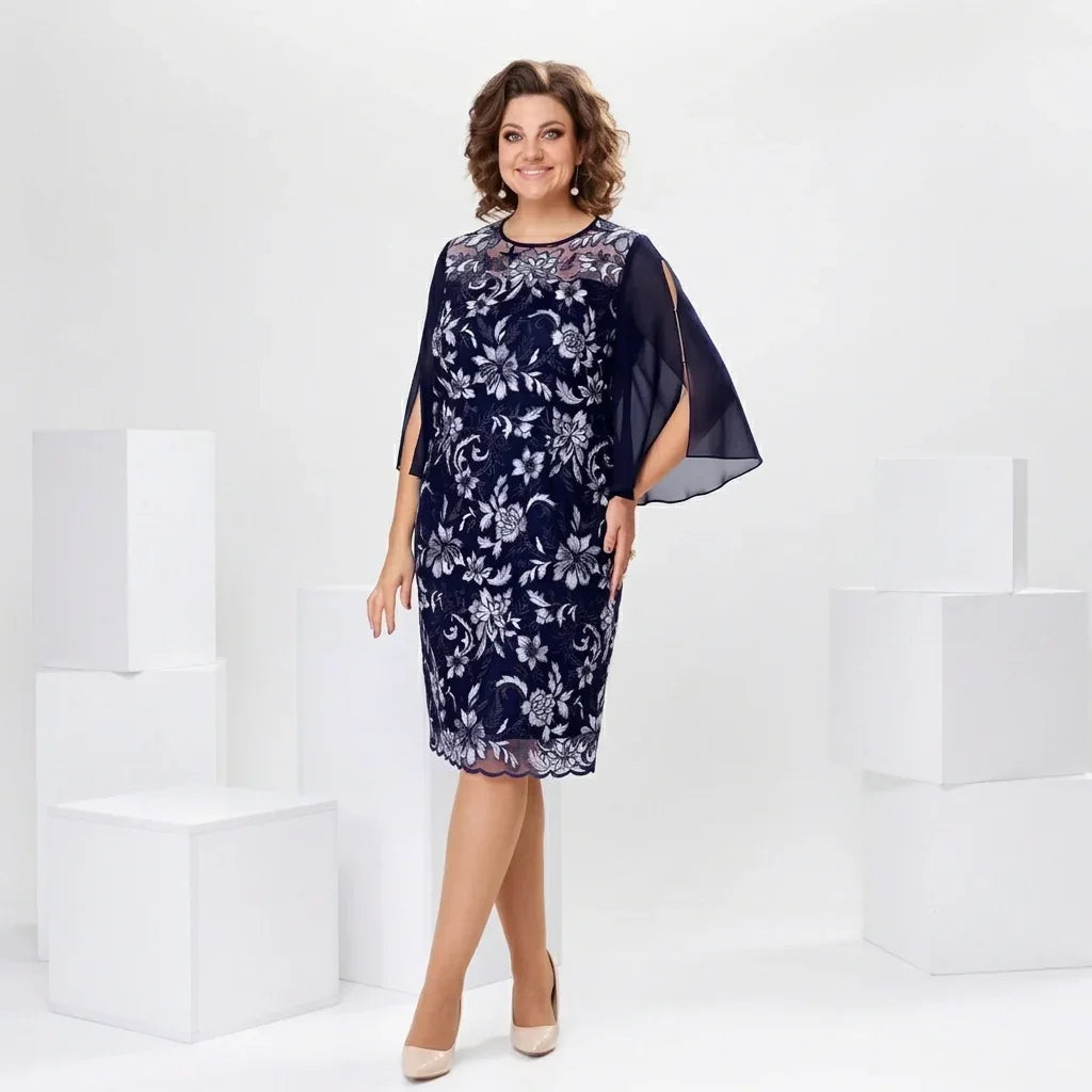 Diana™ Midi Dress with White Floral Print and Sheer Cape-Style Sleeves