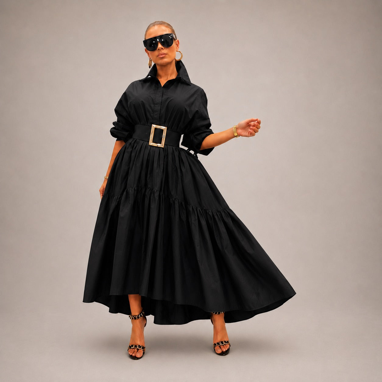 Elowen™ Dress with Collared Neckline, Wide Sleeves and Flowy Silhouette