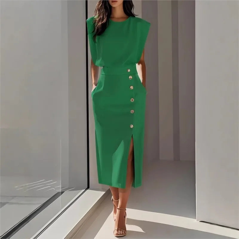 Maelle™ Midi Dress With Structured Shoulders, Side Buttons And Front Slit