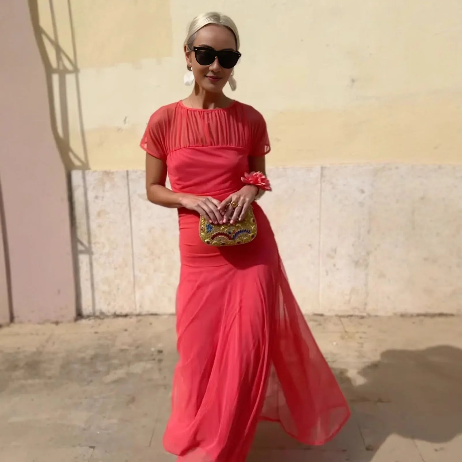 Athens™ Maxi Dress with Sheer Short Sleeves and Tiered Skirt