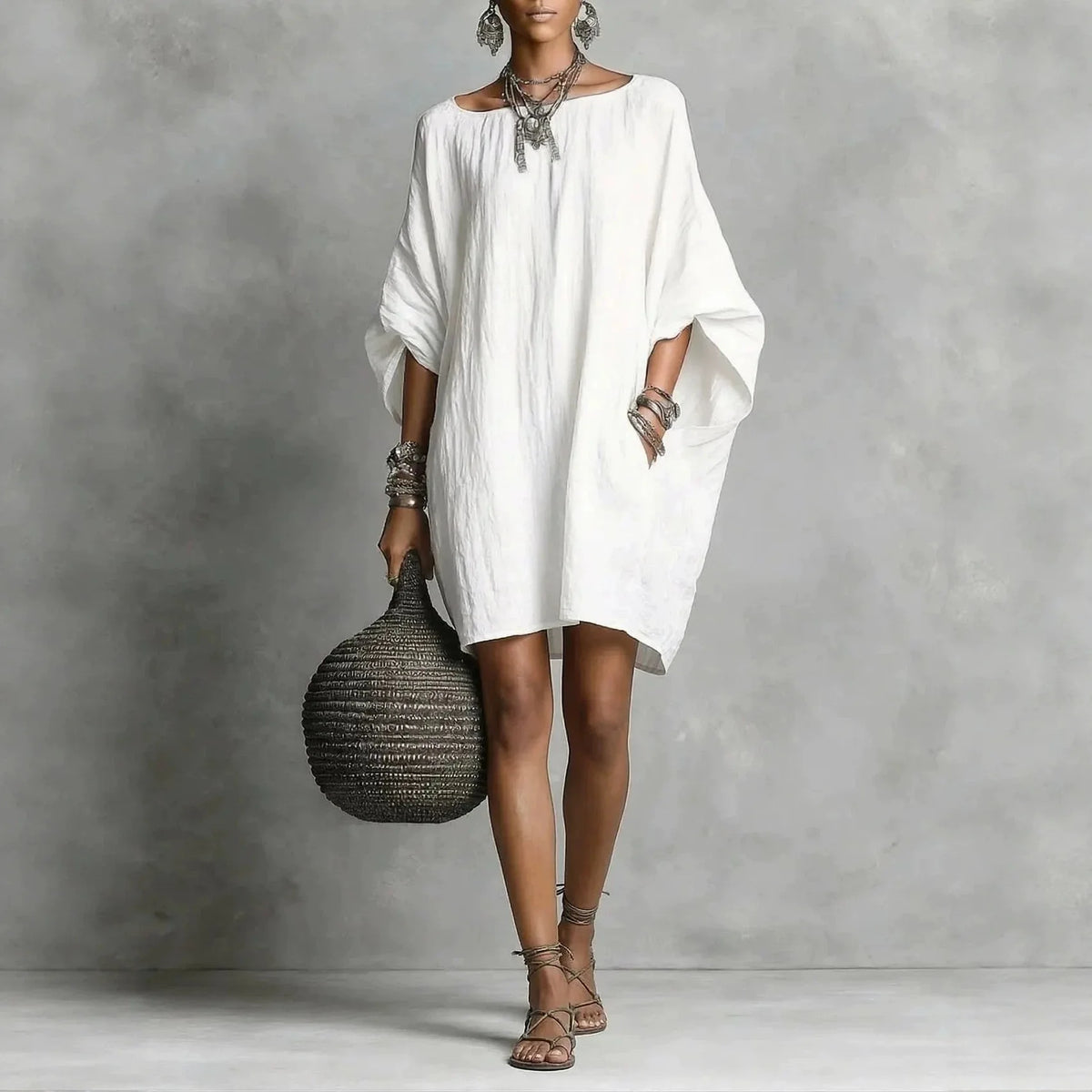 Lydia™ Cotton-Linen Dress with a Relaxed Fit and Round Neckline