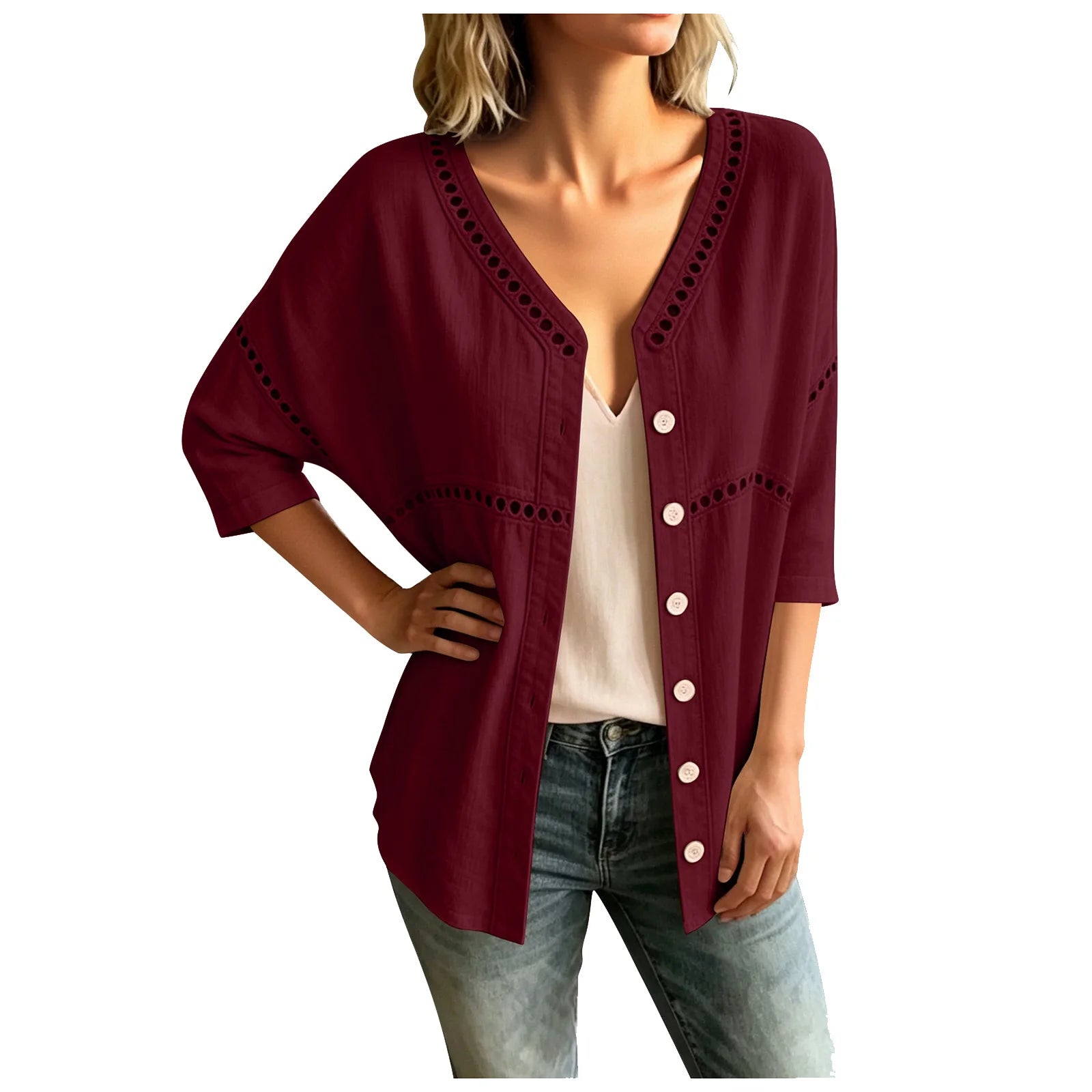 Cardigan Marelia™ Cotton-Linen, Openwork Trim and V-Neck