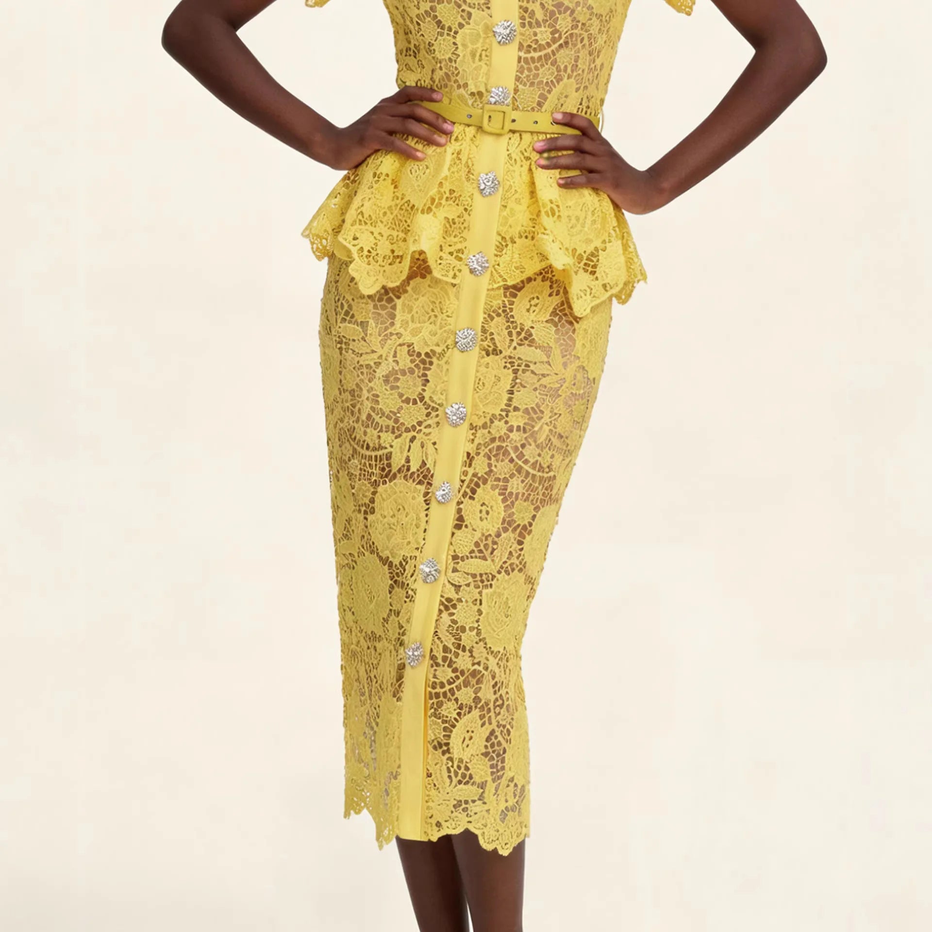 Marivelle™ Dress with Floral Lace, Peplum and Ornamental Buttons