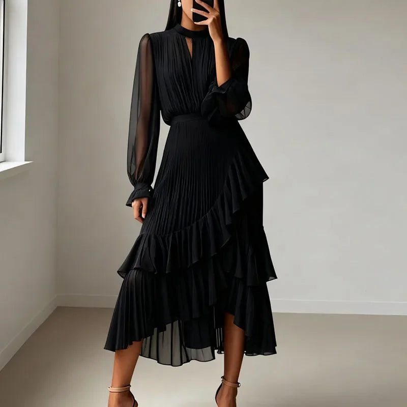 Lioren™ Dress with Sophisticated Pleats and Asymmetrical Ruffles
