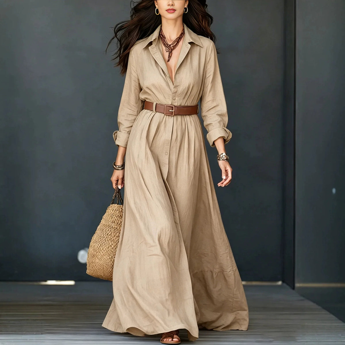 Delfina™ Dress with Elegant Collar, Minimalist Buttons and Complimentary Belt