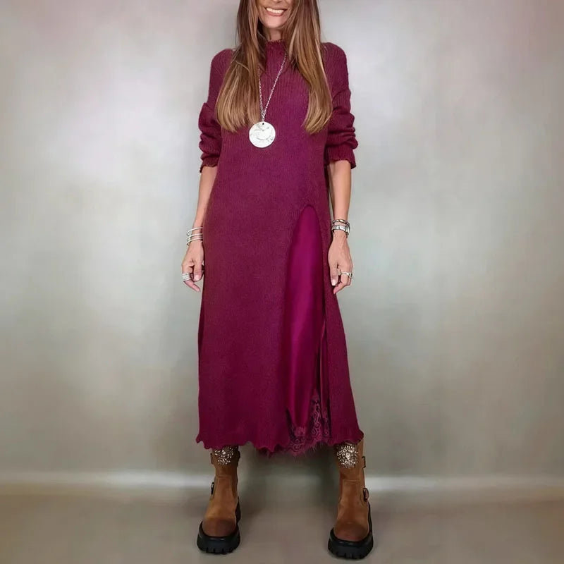 Valérie™ Set with Charming Satin Dress and Long Handcrafted Knit Sweater