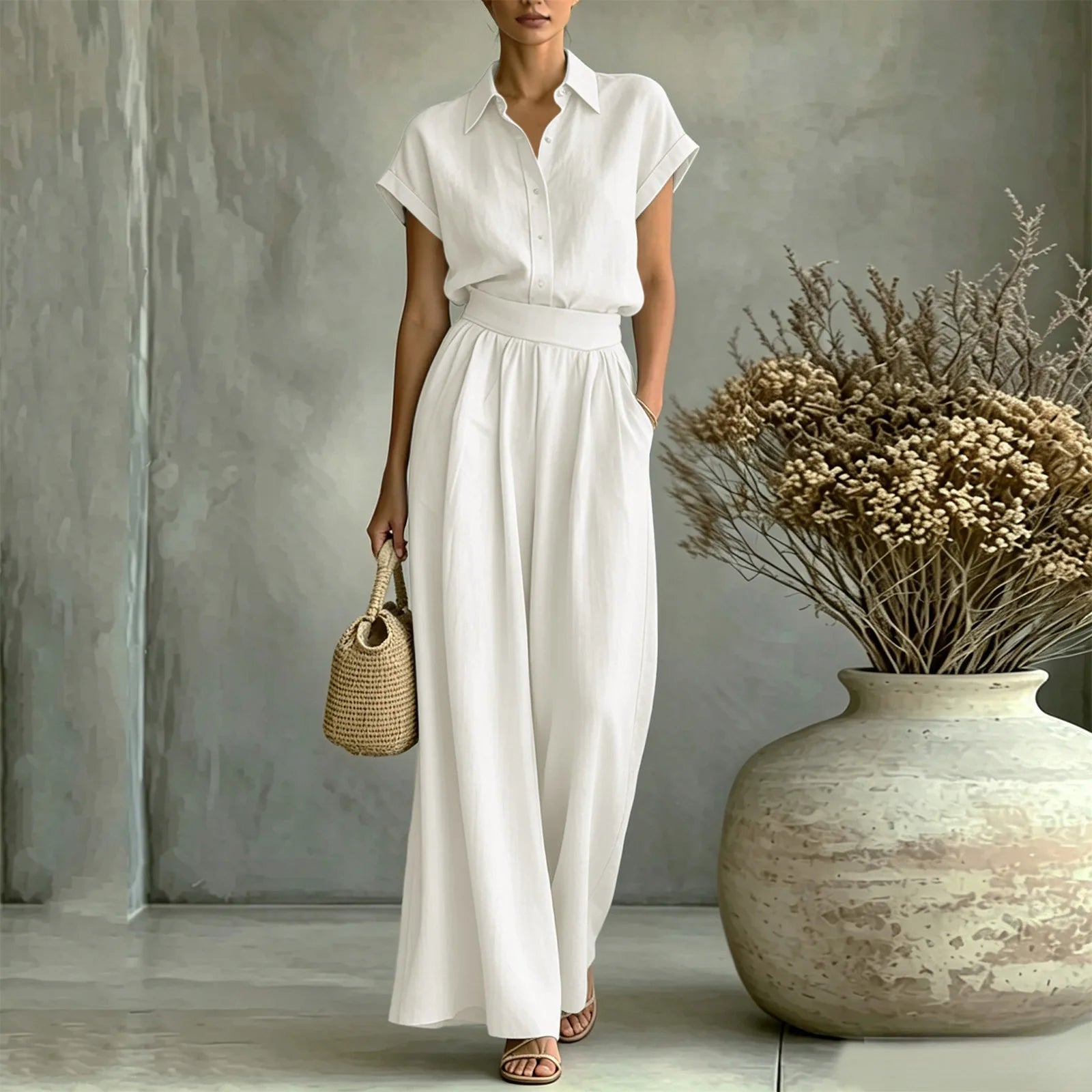 Set Virelle™ with Classic Collar Shirt and High-Waist Wide-Leg Pants