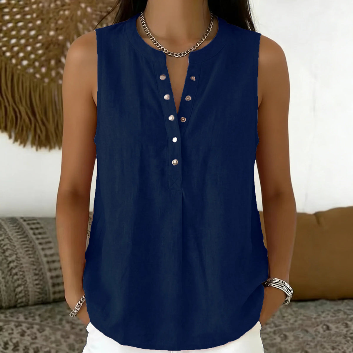 Blouse Emily™ Cotton-Linen with Round Neckline, Button-Front Detail and Sleeveless Cut