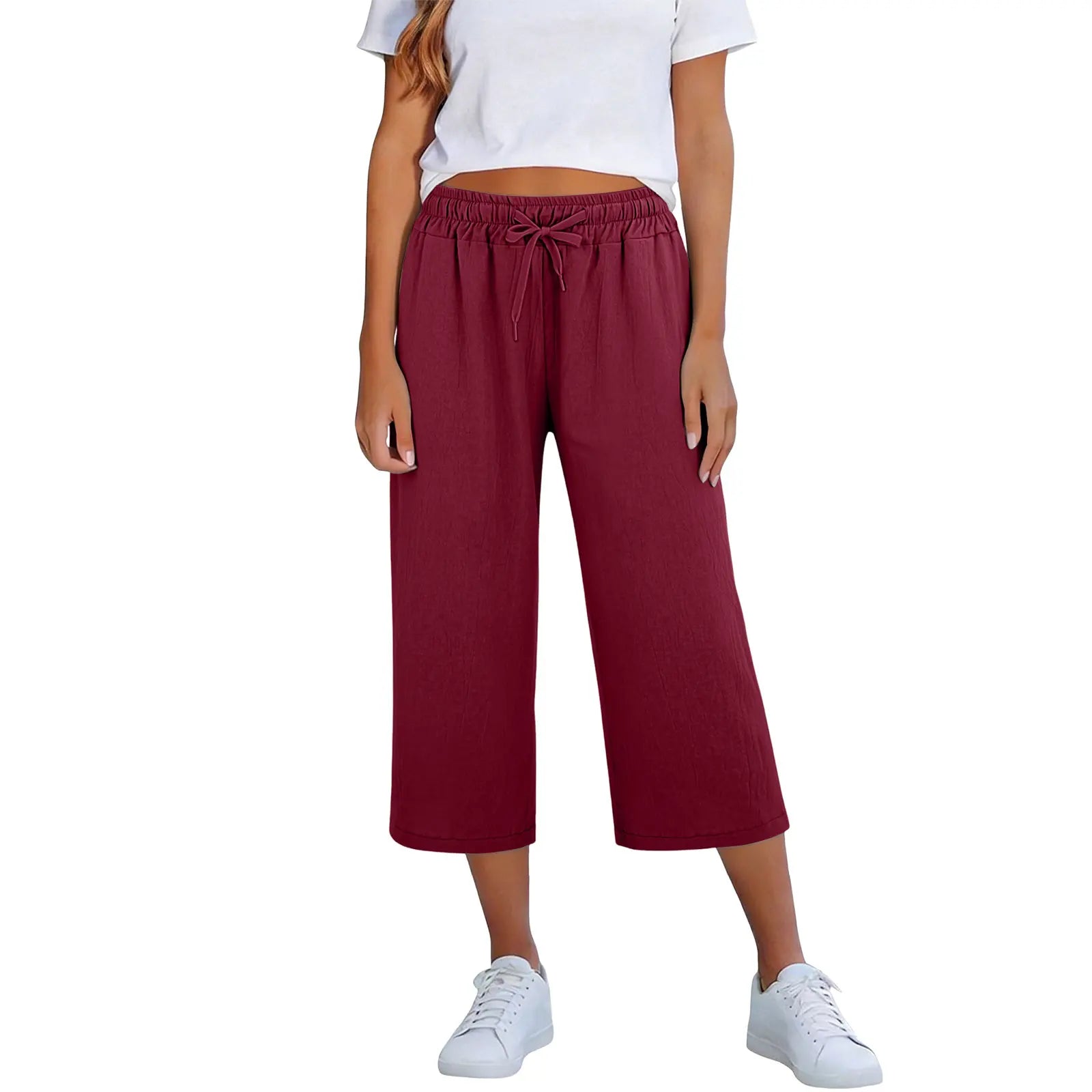 Lisia™ Cotton Linen Cropped Wide-Leg Pants With Elastic Waist And Adjustable Drawstring