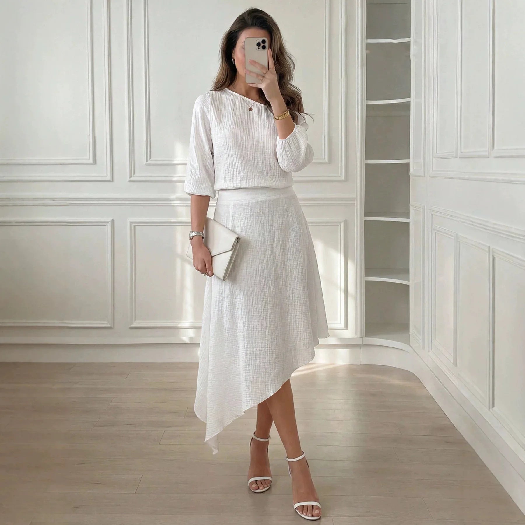 Set Emberly™ with Textured One-Shoulder Top and Flowy Midi Skirt