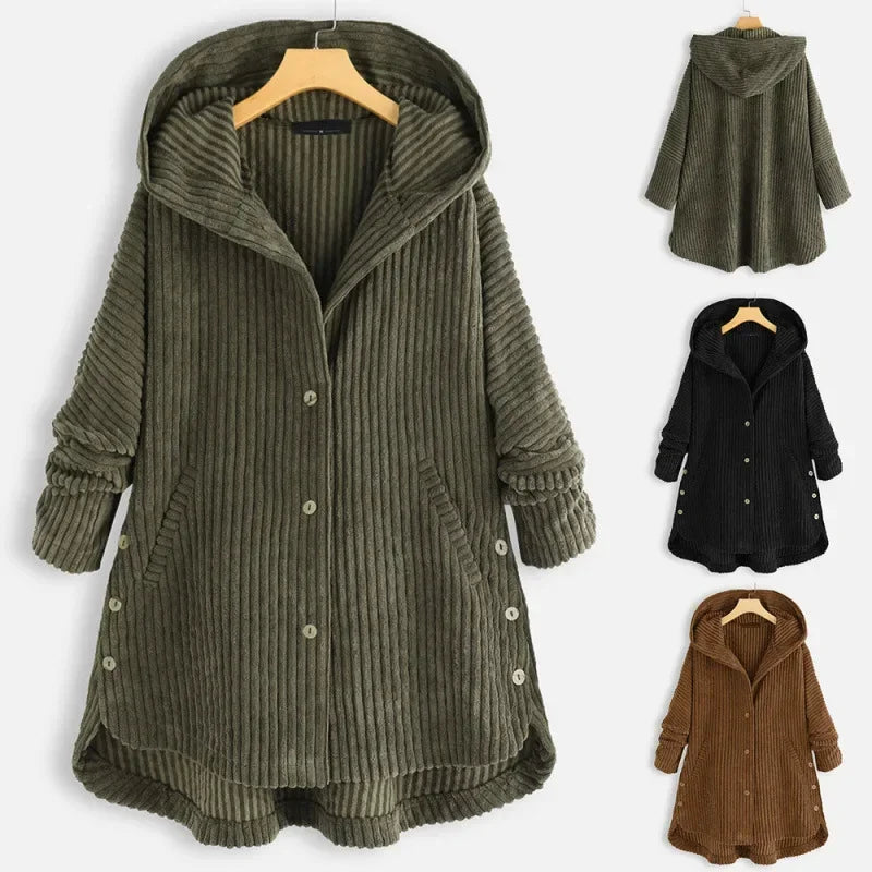 CloudWarm™ Ribbed Velvet Coat with Large Hood and Side Buttons / The Versatile Piece that Fights the Cold with Style and Practicality!