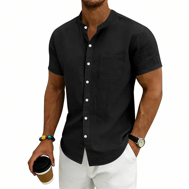 Montese™ Linen Cotton Shirt With Mandarin Collar