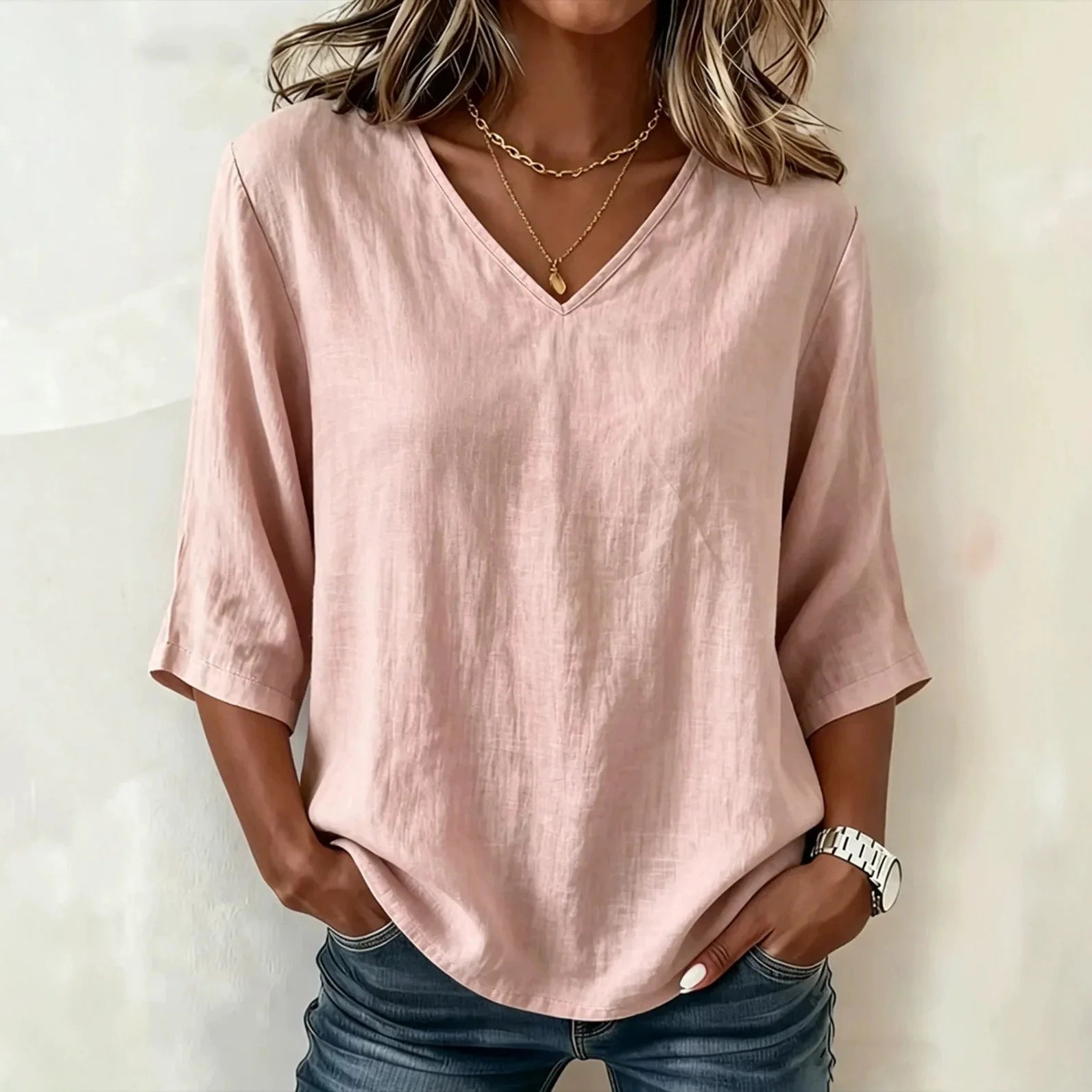 Blouse Abigail™ Cotton Linen with V-Neck and Three-Quarter Sleeves