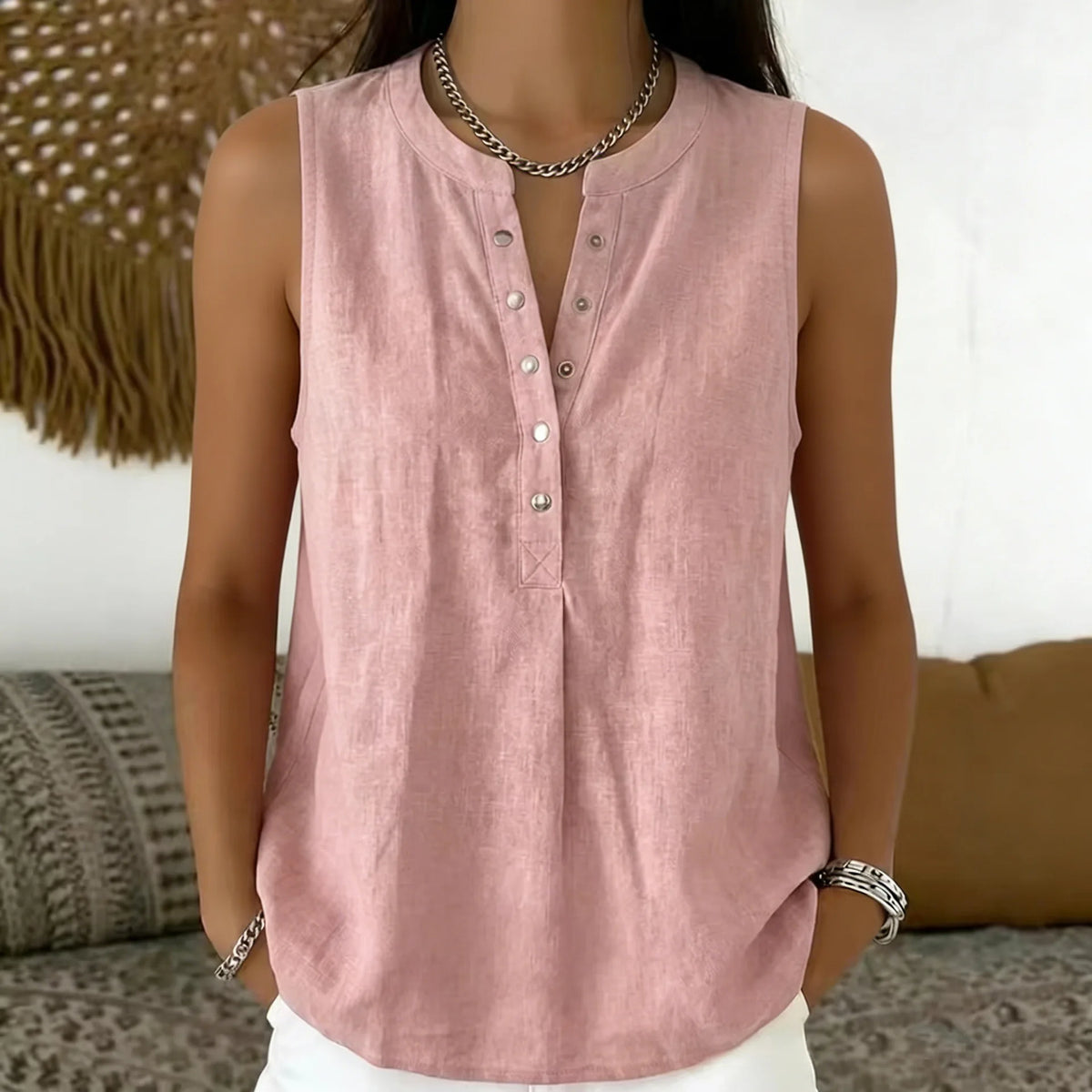 Blouse Emily™ Cotton-Linen with Round Neckline, Button-Front Detail and Sleeveless Cut