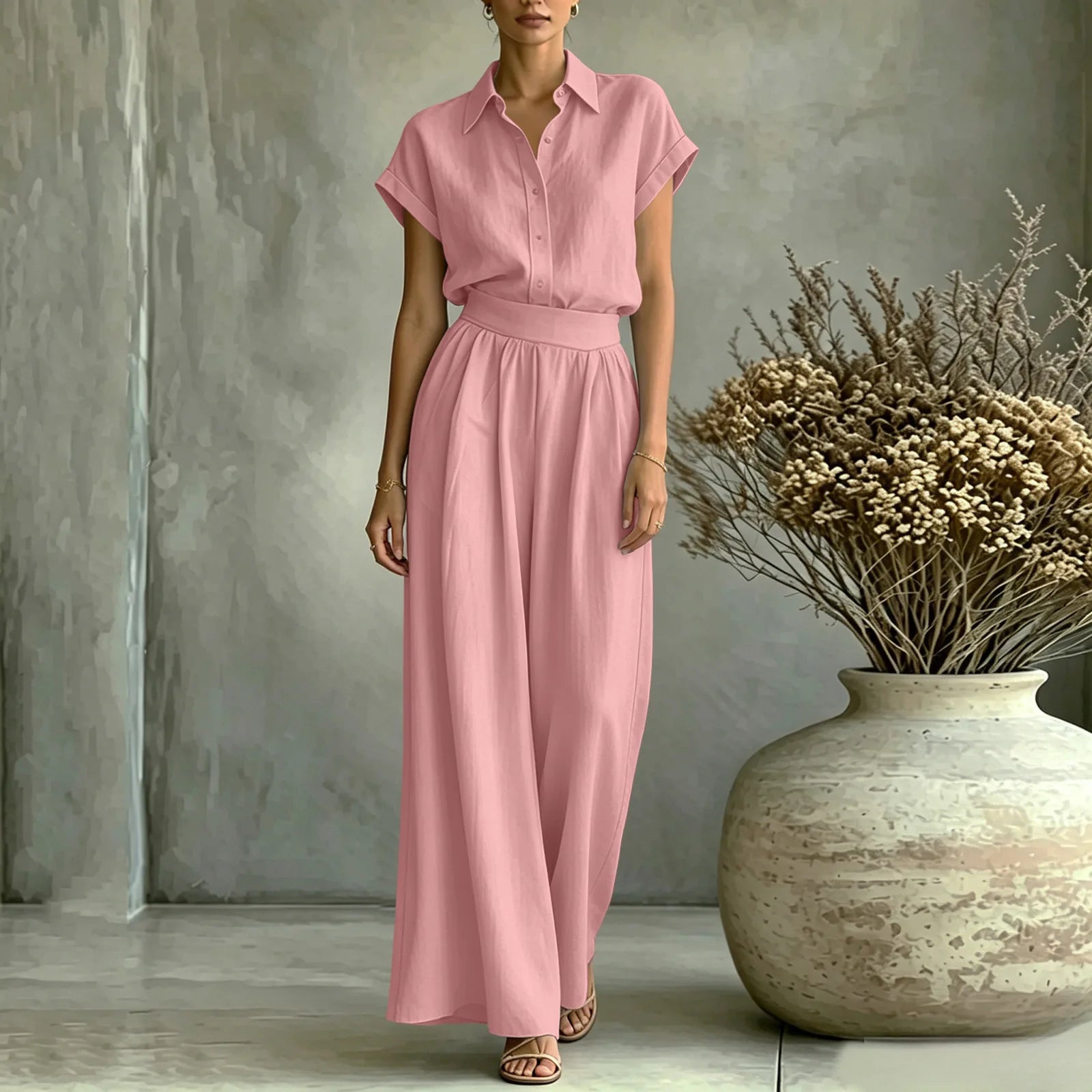 Set Virelle™ with Classic Collar Shirt and High-Waist Wide-Leg Pants