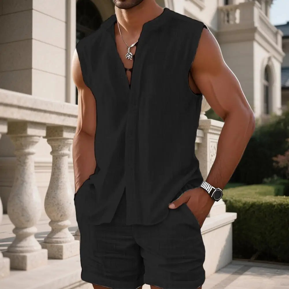 Levano™ Cotton-Linen Sleeveless Shirt Set With Lightweight Shorts