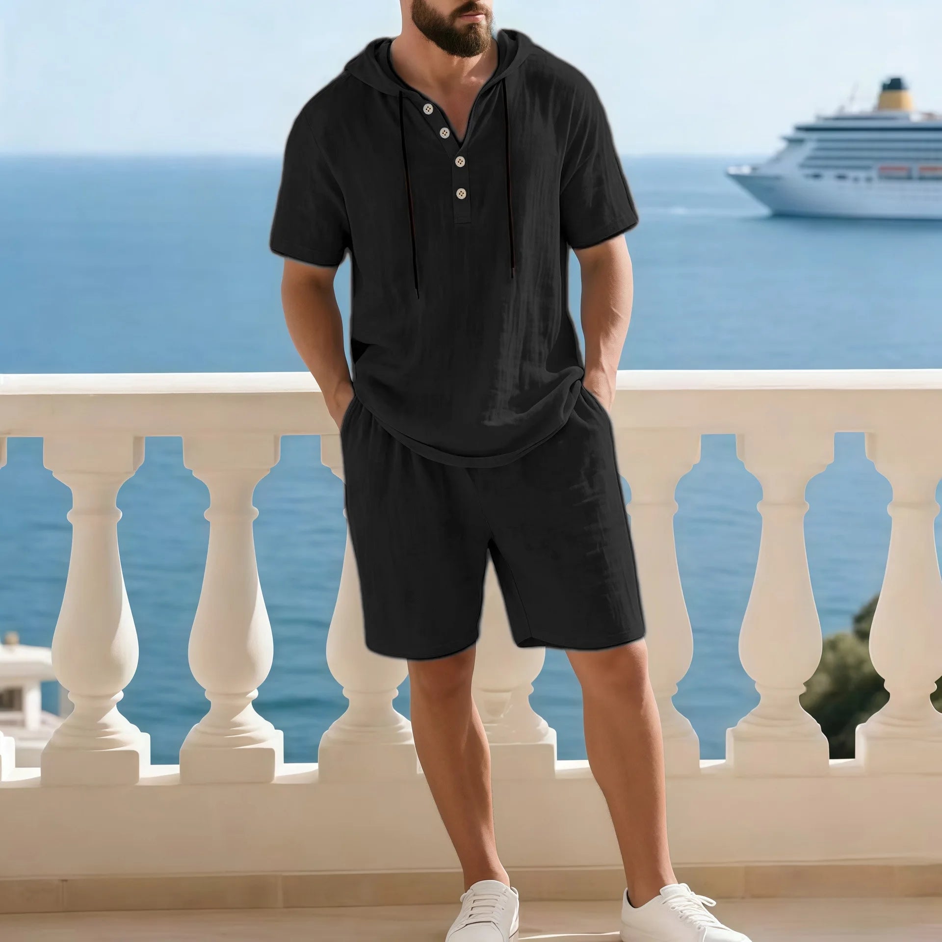 Portofino Coast™ Cotton-Linen Set With Modern Hooded Shirt