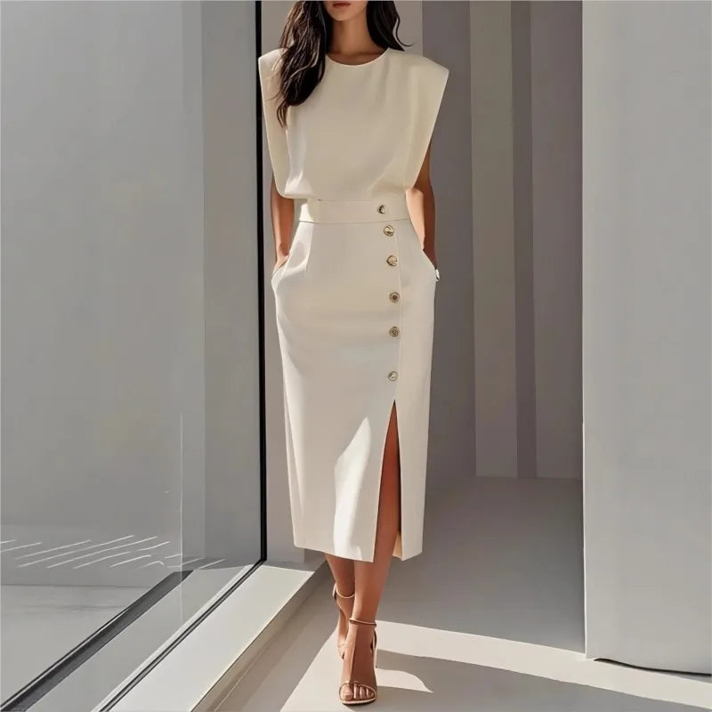 Maelle™ Midi Dress With Structured Shoulders, Side Buttons And Front Slit