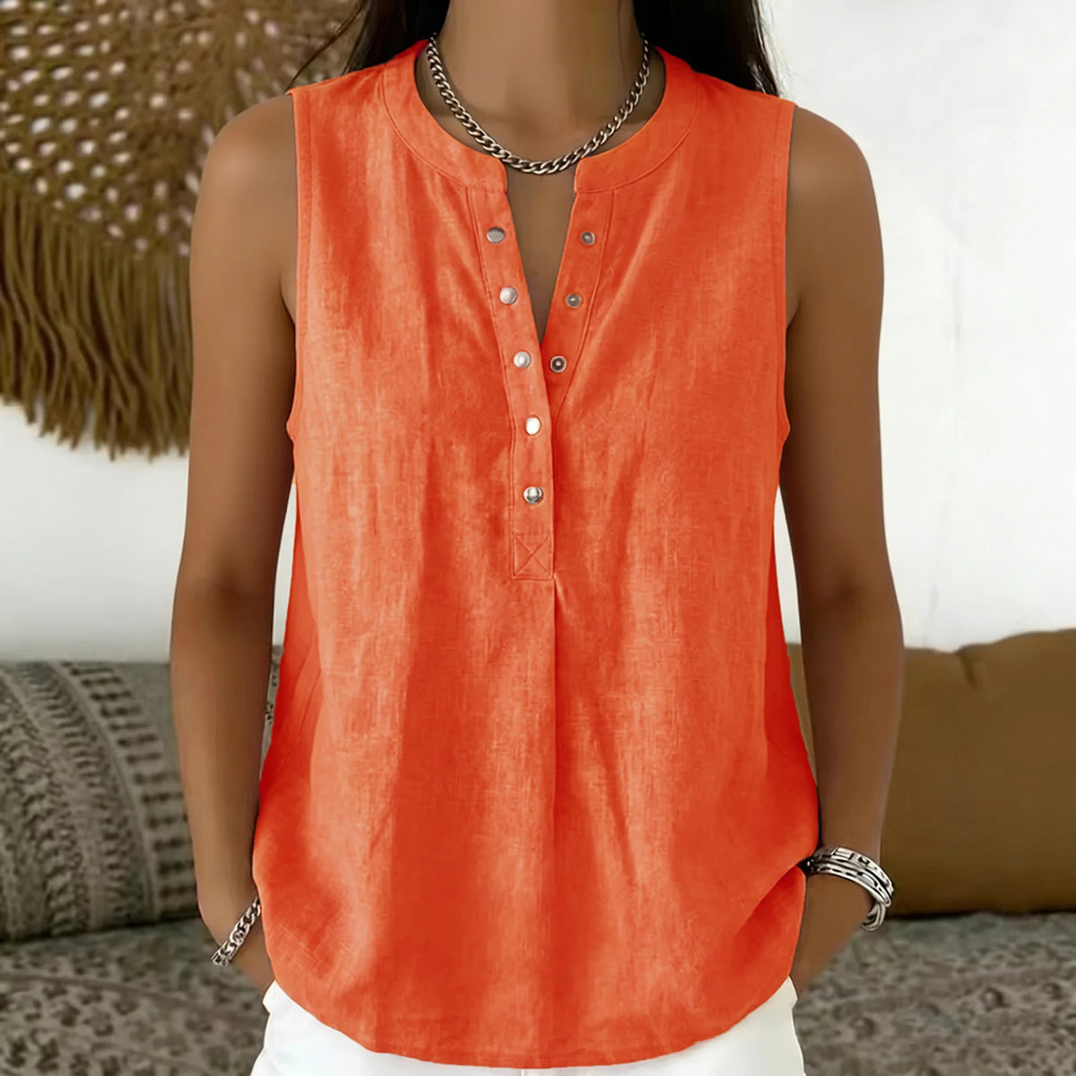 Blouse Emily™ Cotton-Linen with Round Neckline, Button-Front Detail and Sleeveless Cut