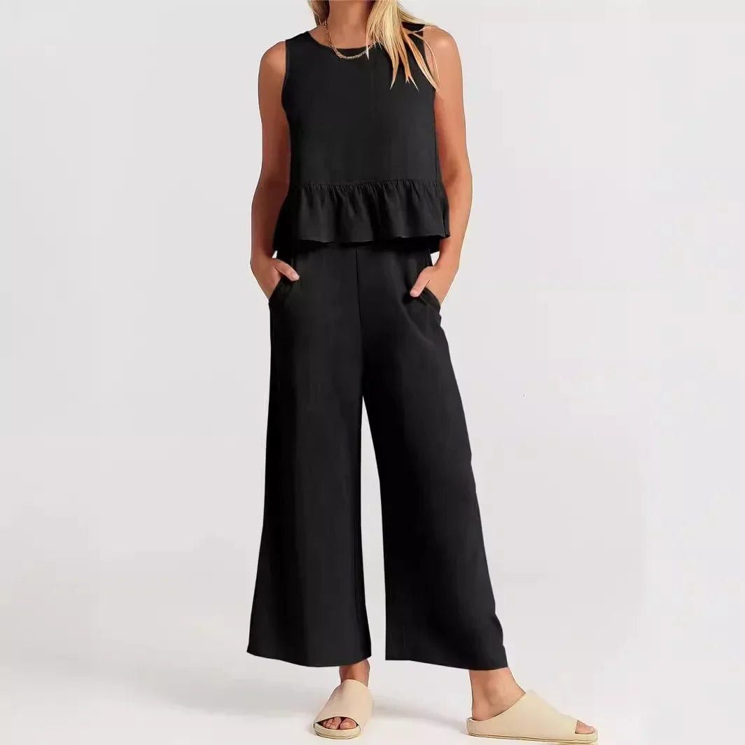 Agatha™ Mixed Linen Set with Ruffles and Wide-Leg Pants / Elegant Minimalism for Stylish Women!