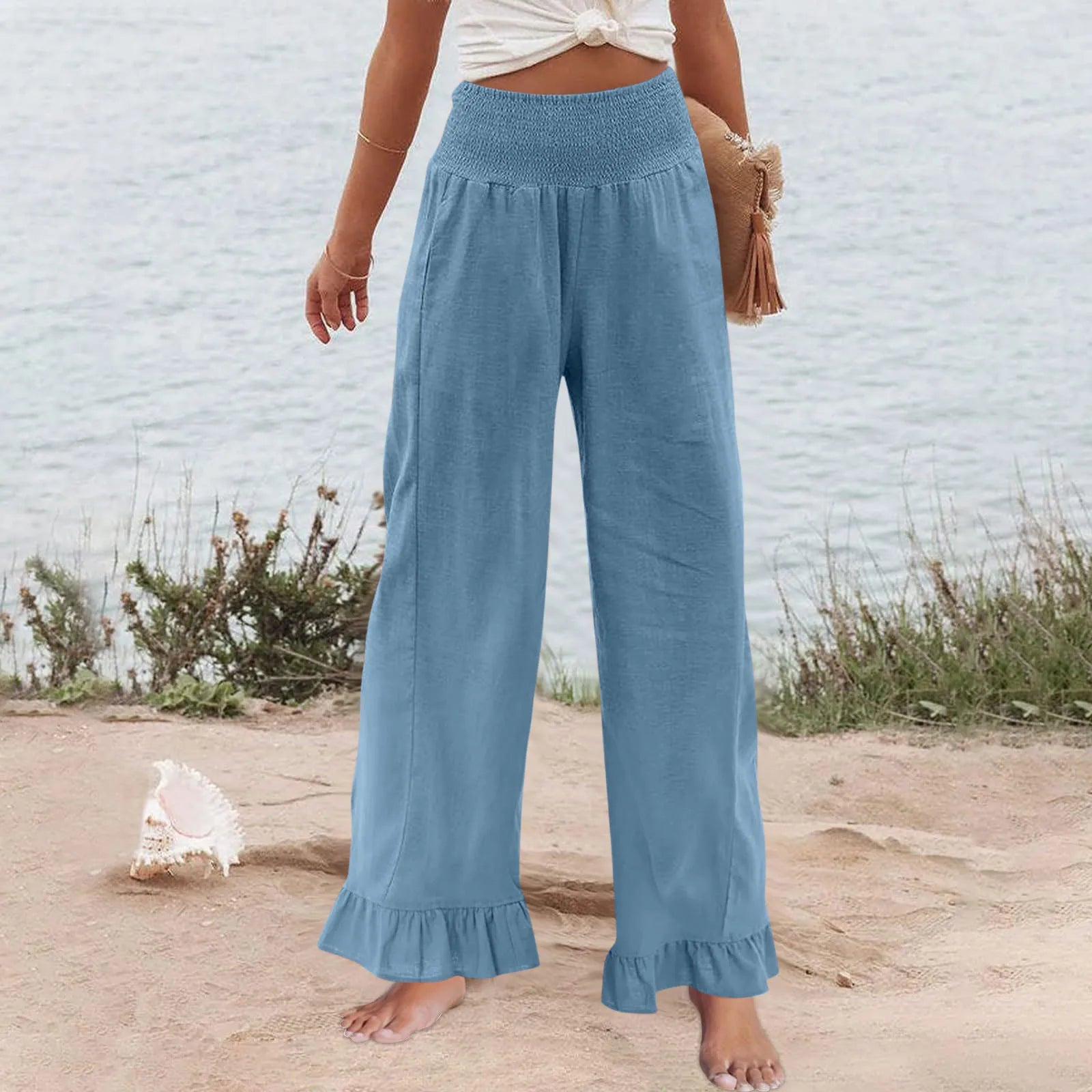 Pants Selene™ with Smocked High Waist, Linen Blend and Ruffle Hem