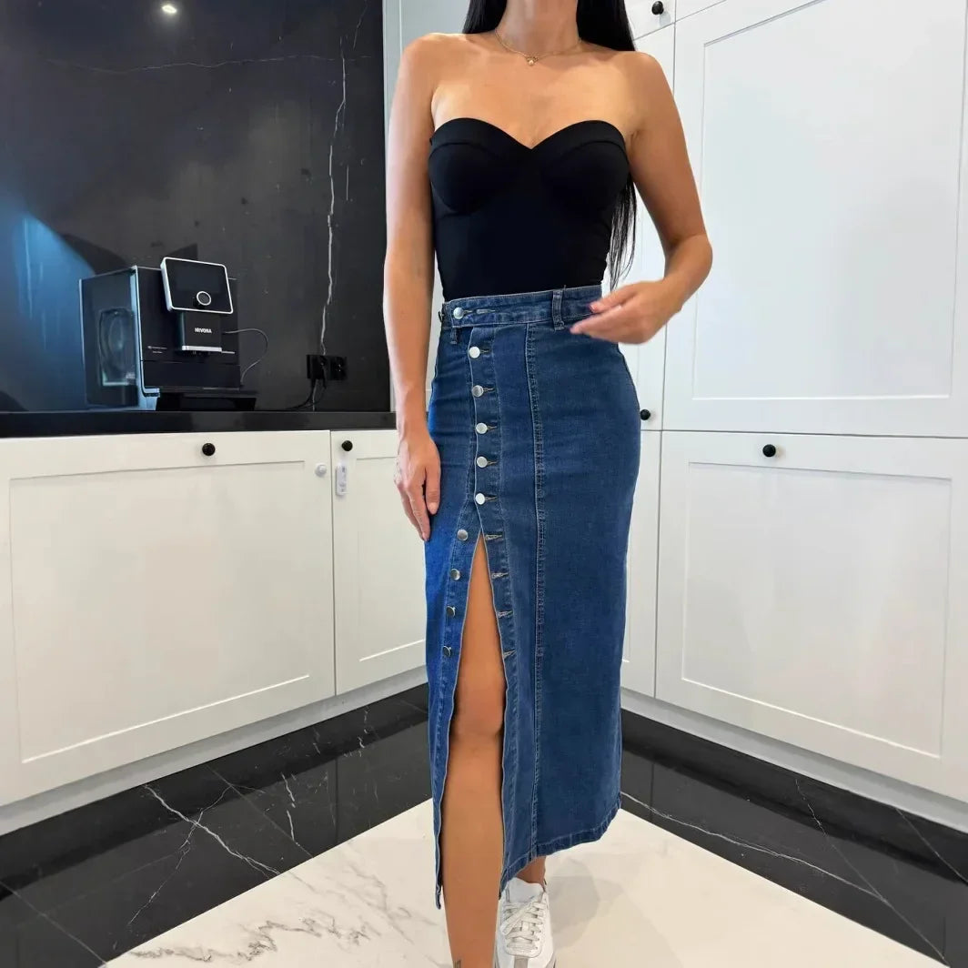 Lorena™ Denim Skirt with Front Button Closure and Elegant Slit