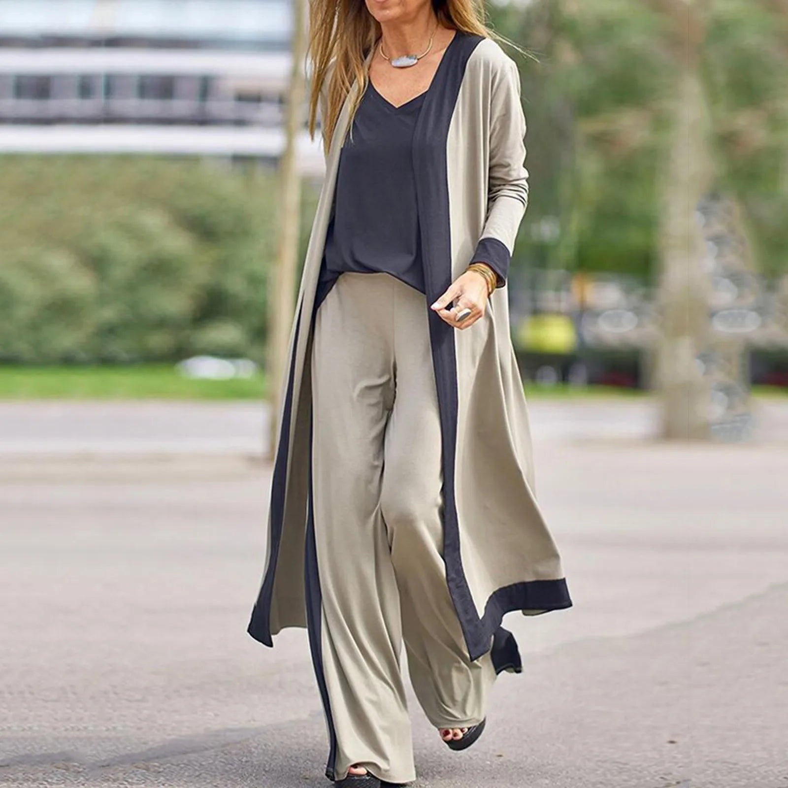 Seravelle™ Three-Piece Set with Long Cardigan, V-Neck Top and Wide-Leg Pants