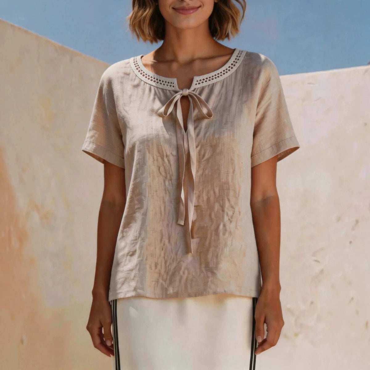 Valisse™ Blouse with Delicate Bow and Handcrafted Eyelet Lace at the Neckline