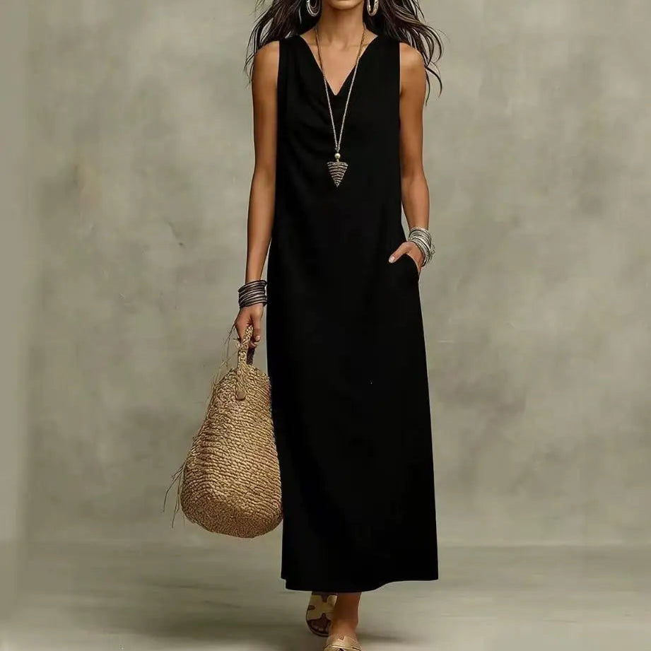 Aveline™ Long Maxi Dress in Cotton-Linen with Draped Neckline and Side Pockets