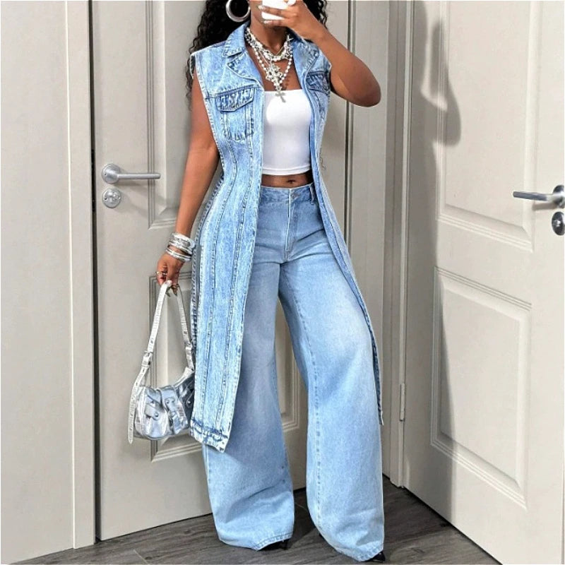 Elastra™ Longline Denim Vest with Structured Collar and Flap Pockets