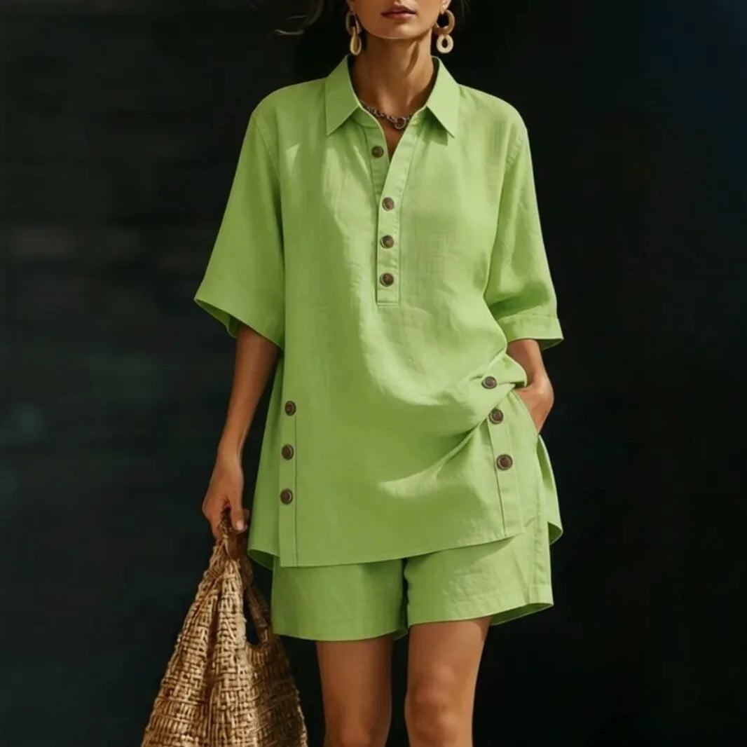 Velena™ Cotton-Linen Set With a Shirt Collar and Side Button Details