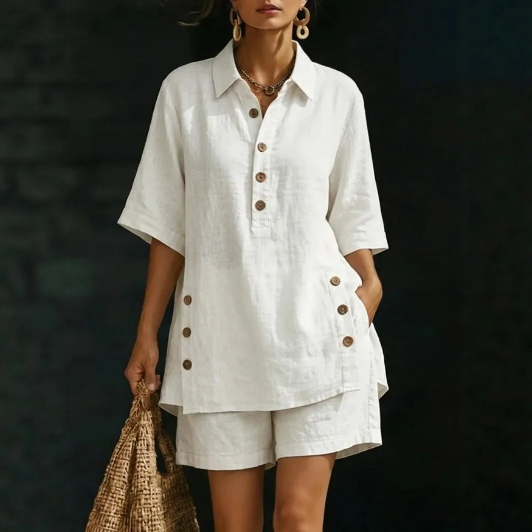 Velena™ Cotton-Linen Set With a Shirt Collar and Side Button Details