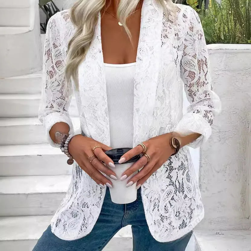 Lunavie™ Lace Blazer with Elegant Openwork and Delicate Sheer Detail