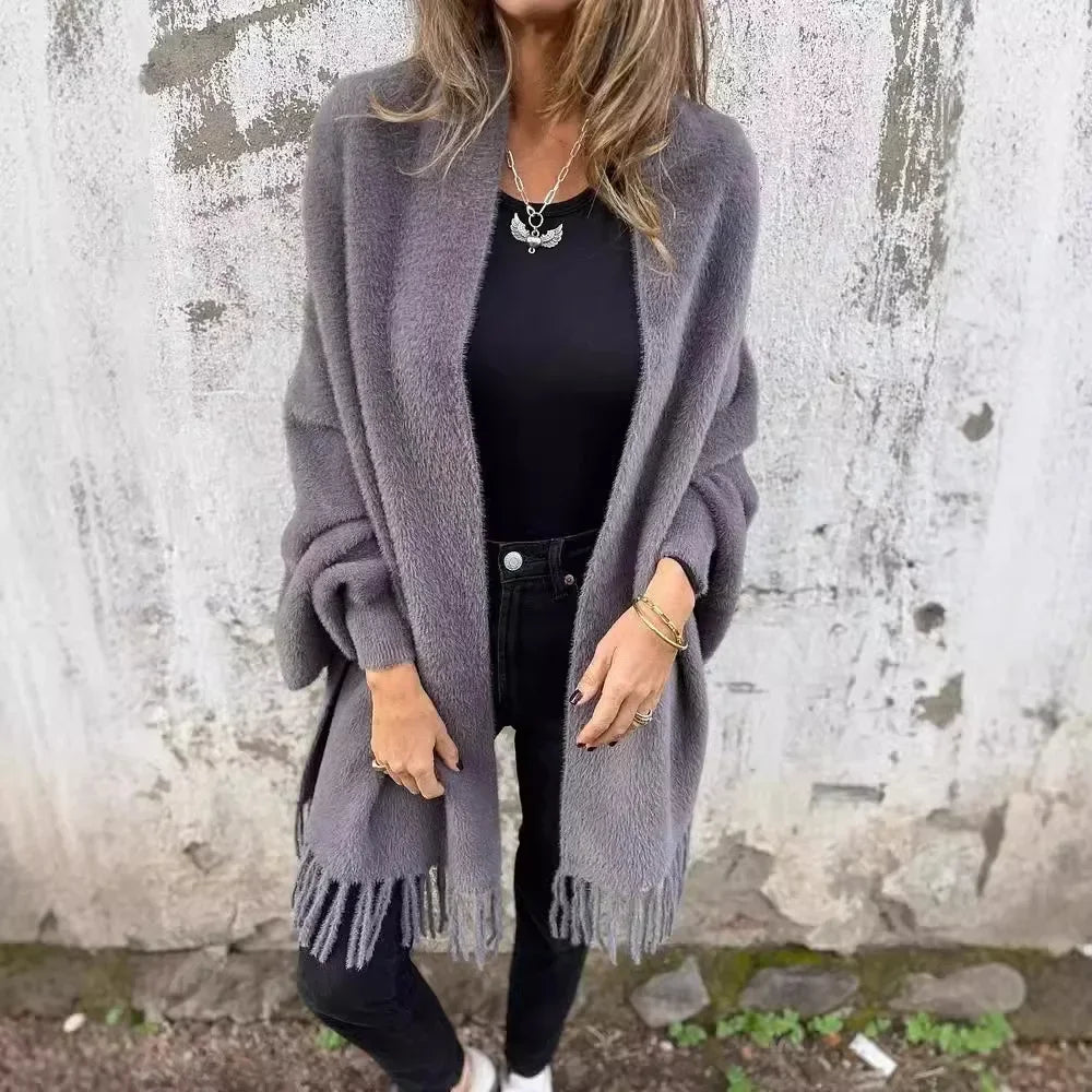 Valmonté™ Blanket Coat in Cozy Knit with Fringes and Handcrafted Finish / Winter Softness Meets French Elegance!