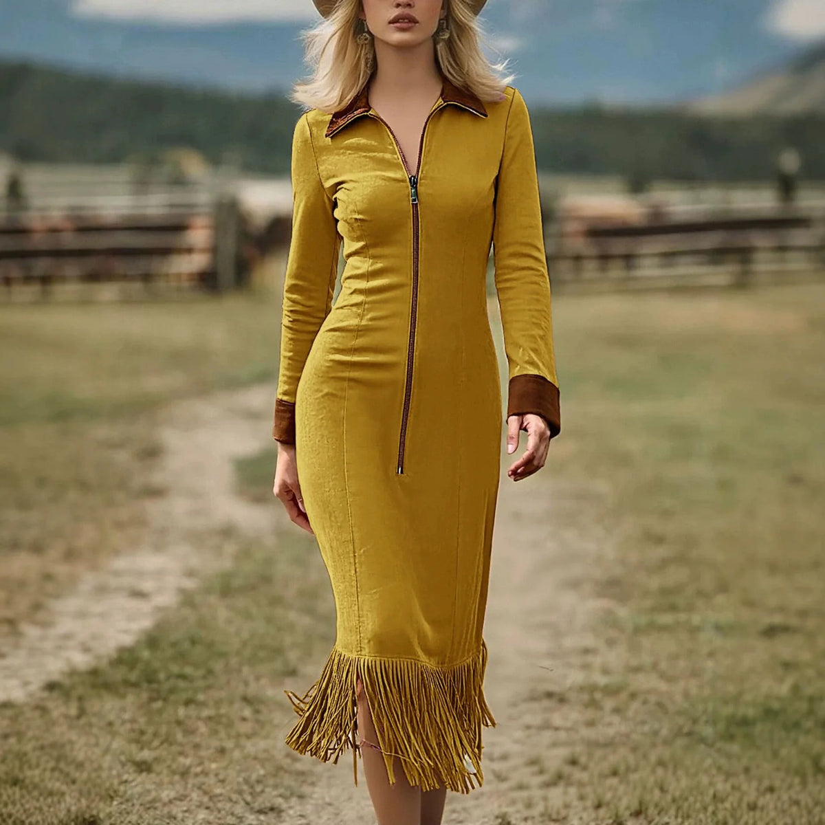 Dress Texas™ with Velvet Touch, Contrast Collar and Sleeves, Front Zip and Fringe Hem