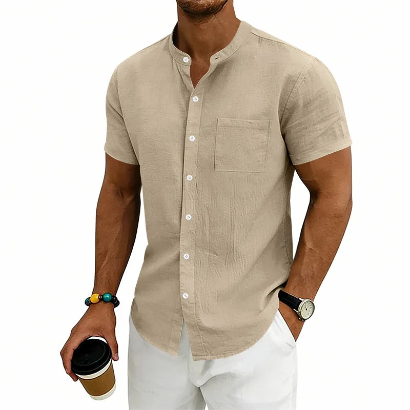 Montese™ Linen Cotton Shirt With Mandarin Collar