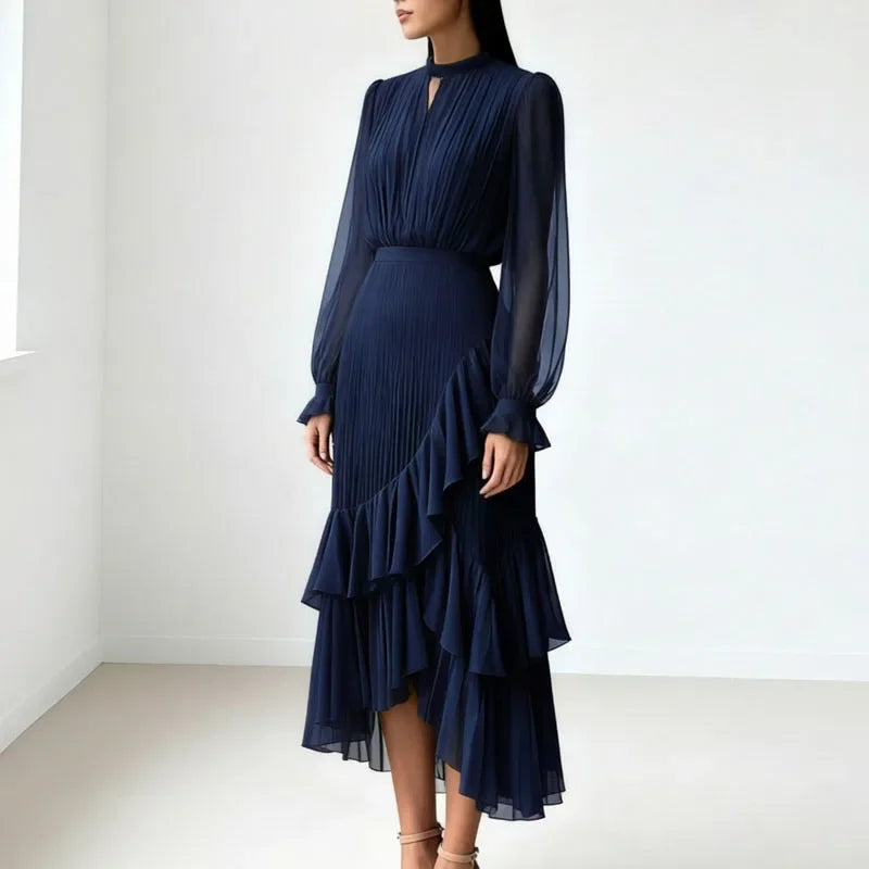 Lioren™ Dress with Sophisticated Pleats and Asymmetrical Ruffles