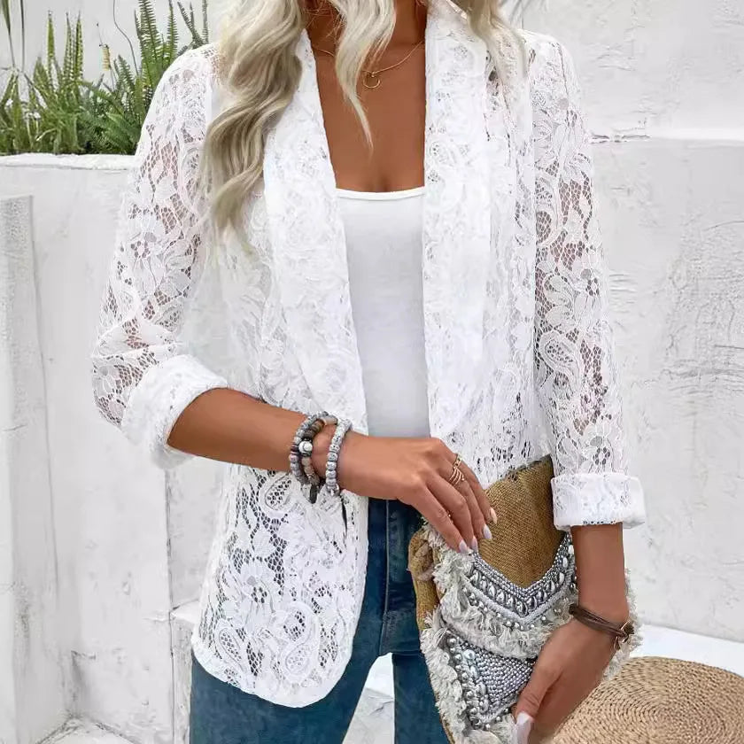 Lunavie™ Lace Blazer with Elegant Openwork and Delicate Sheer Detail