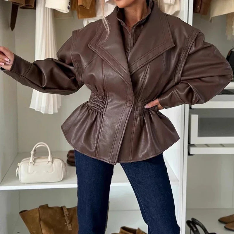 Empire Line™ Jacket in Premium Synthetic Leather with Defined Waist and Central Button / Power and Elegance in Every Move!