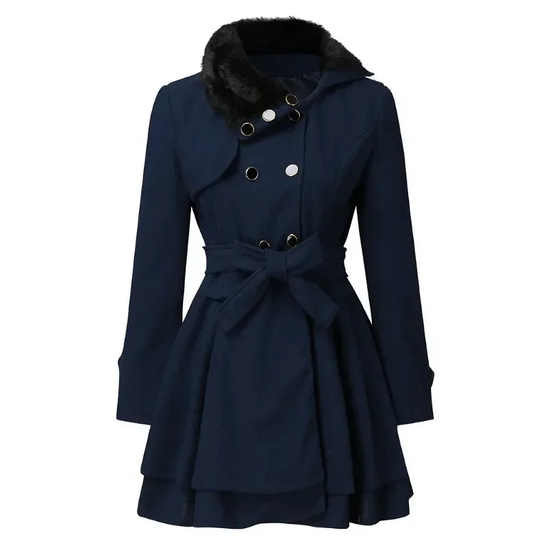 Bellavienne™ Coat With Faux Fur Collar and Tailored Waist Fit