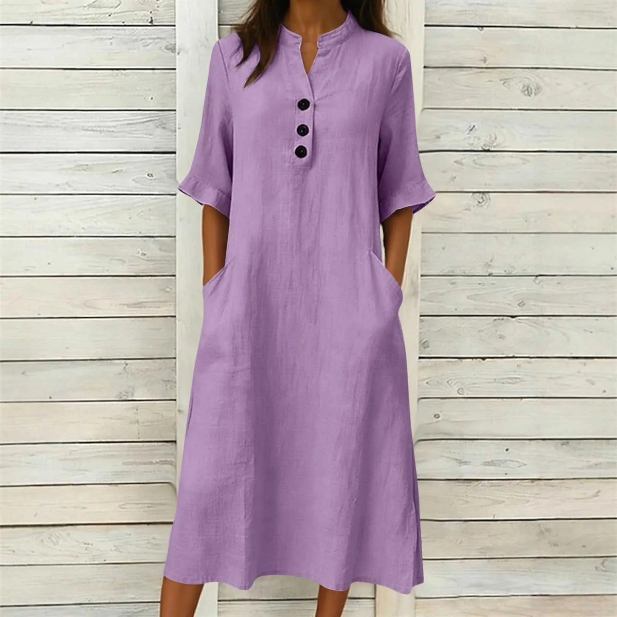 Dress Julia™ in Cotton with Stand Collar, Button Front and Pockets