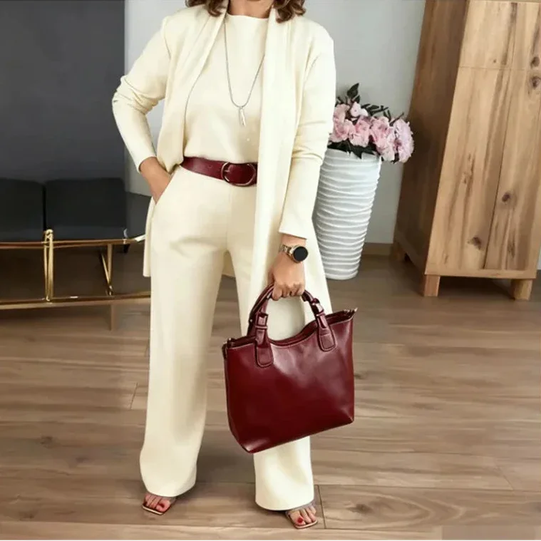 Evanna™ Set with Basic Blouse, Long Cardigan, and Perfect Fit Straight Leg Pants / Discreet Elegance that Inspires Confidence!