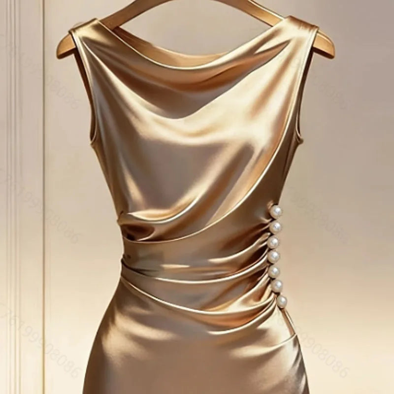 Vionessa™ Satin-Finish Dress with Draped Neckline and Pearl Side Details